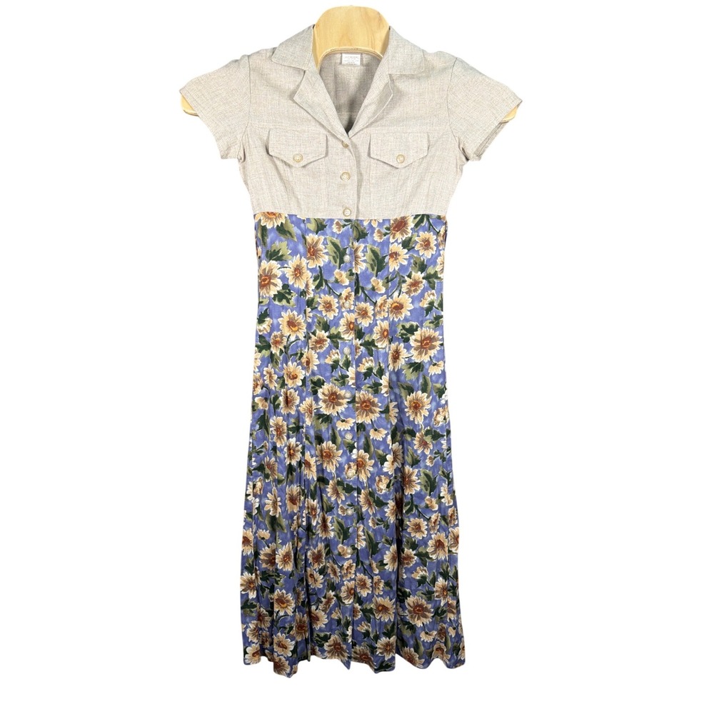 Vintage Fredericks of Hollywood Sunflower‎ Midi Dress Beige Blue Floral 3/4 USA